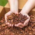 Two hands holding different types of brown wood chips or pellets against a natural background.