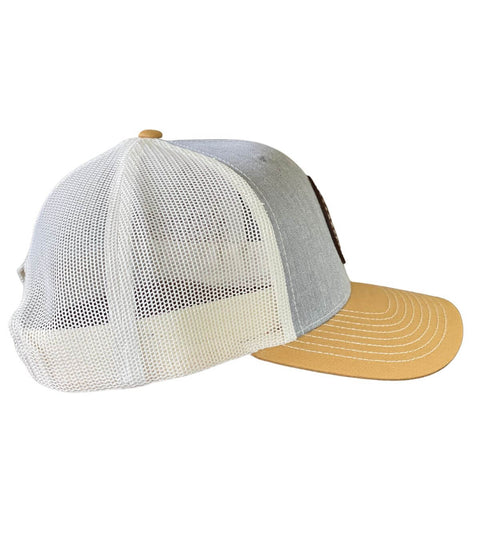 Gray/Gold/Cream Dark Leather Patch Hat