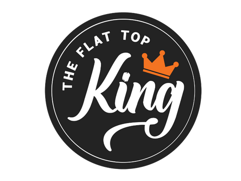Logo of 'The Flat Top King' with a crown on a black background
